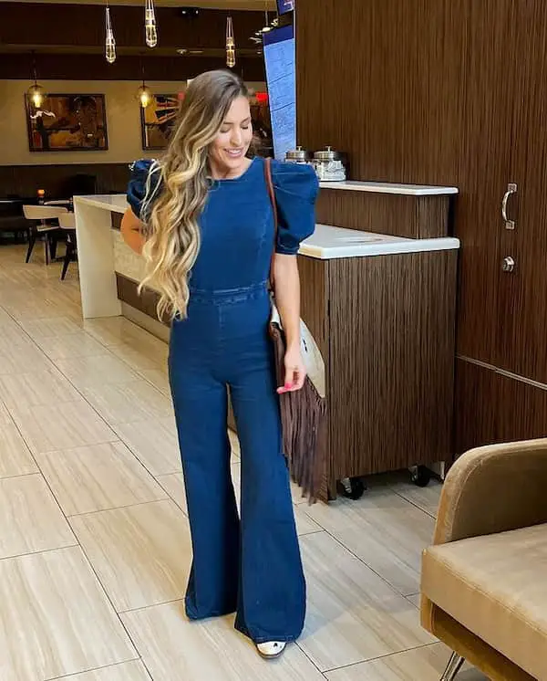 Denim Jumpsuit + Mule Shoe + Handbag