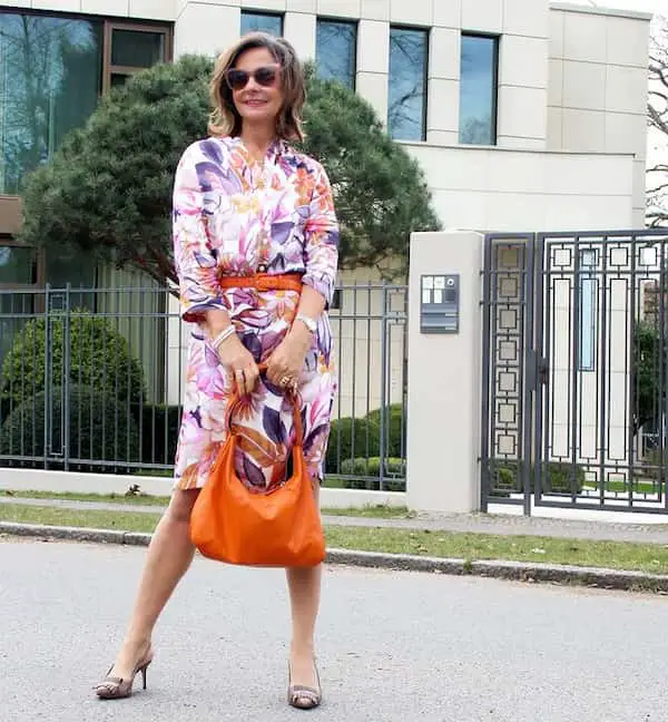 Floral Knee-Length Dress + Heels + Maxi Handbag + Sunglasses