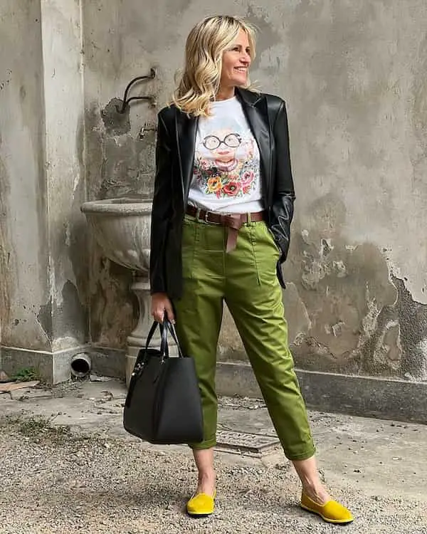 Graphic Tee + Deep Lemon Pant + Loafers + Maxi Handbag