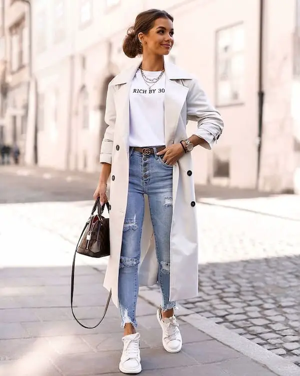 Graphic Tee + Jean Pant + trench Coat + Sneakers + Handbag