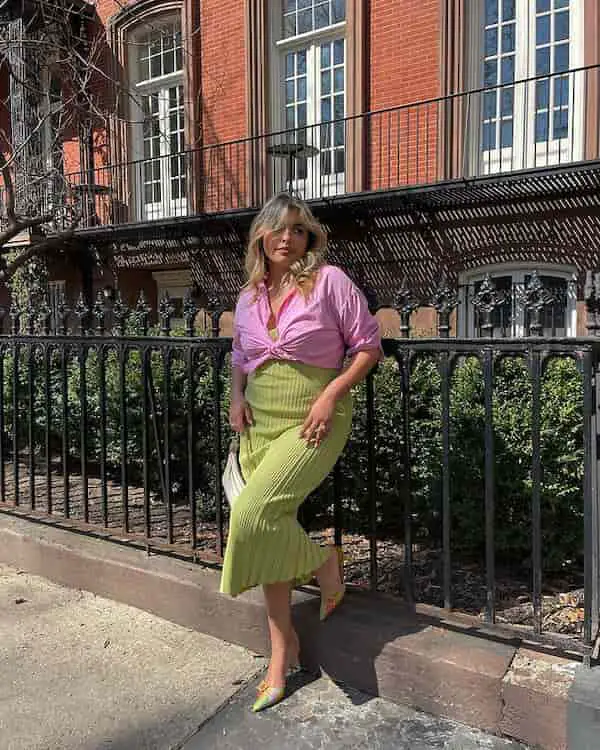 Green Handless Dress + Baby Pink Jacket + Heels + Handbag