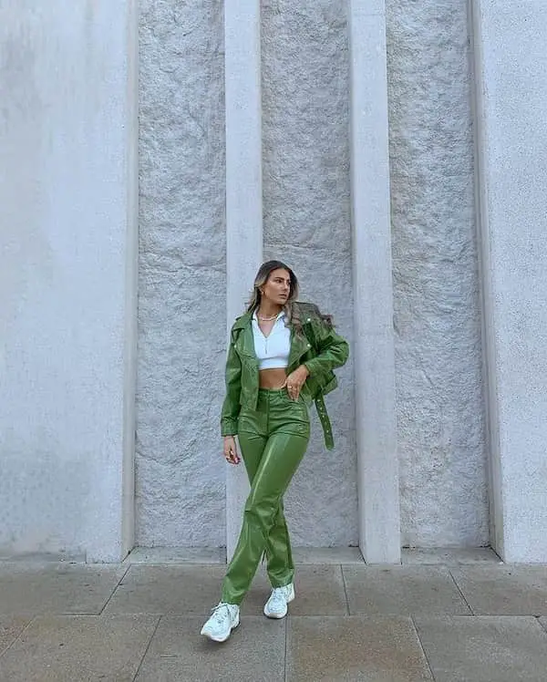 Green Leather Track Suit + White Crop Top + Sneakers