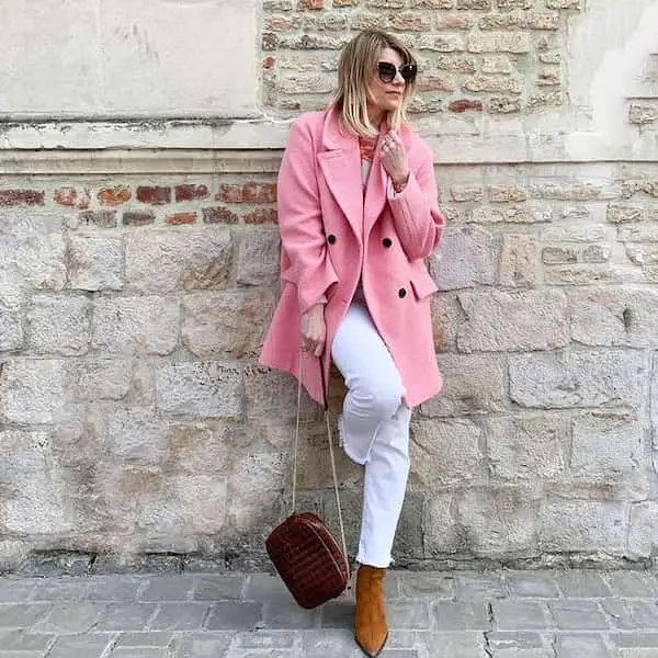 Inner Shirt + Oversized Pink  Blazer + White Pant + Boots + Handbag + Sunglasses