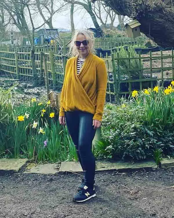 Knitted Yellow Top + Inner Stripped Top + Leggings + Sneakers + Sunglasses