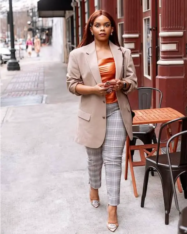 Latex Top + Brown Blazer + Print Pant + Heels + Handbag