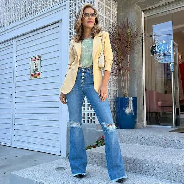 Light Green Top + High Waist Ripped Flared Jeans + Yellow Blazer + Heels + Handbag + Sunglasses