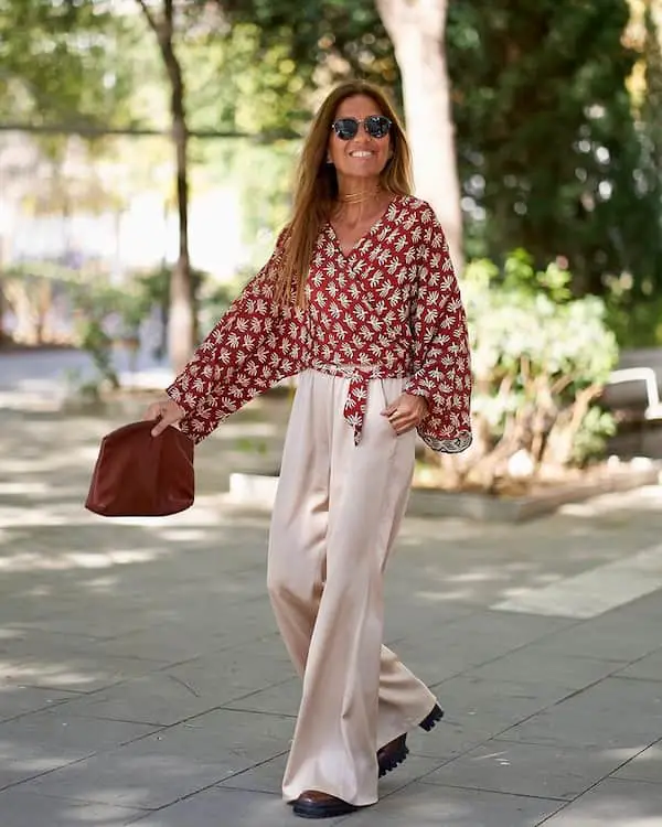 Long Sleeve Floral Blouse + High Waist Free Pants + Wedge Shoe + Clutch + Sunglasses