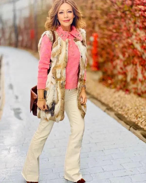 Long Sleeve Pink Shirt + Animal Skin Vest + Ugg Pant + Midi Handbag