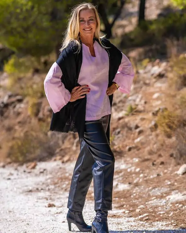 Oversized Purple Blouse + Black Vest + Leather Pant + Heels