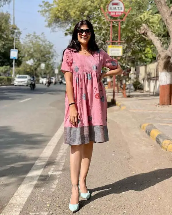 Pink Floral Pleated Dress + Loafers + Sunglasses