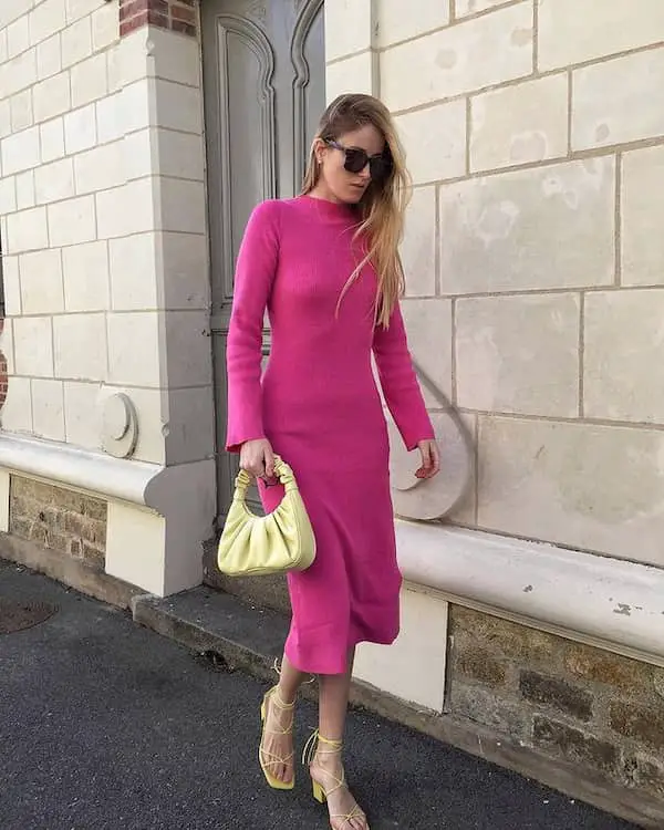 Pink Long Sleeve Midi Dress + Heels + Handbag + Sunglasses