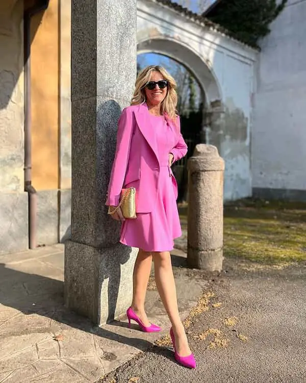 Pink Short Dress + Pink Blazer + Heels + Clutch + Sunglasses