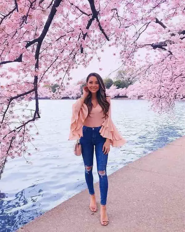 Pleated Hands Pink Blouse + Ripped Skinny Jeans + Loafers + Handbag