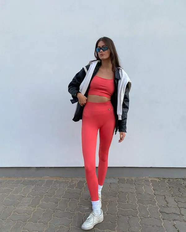 Red Vest + Red High Waist Leggings + Spring Jacket + Sneakers + Sunglasses