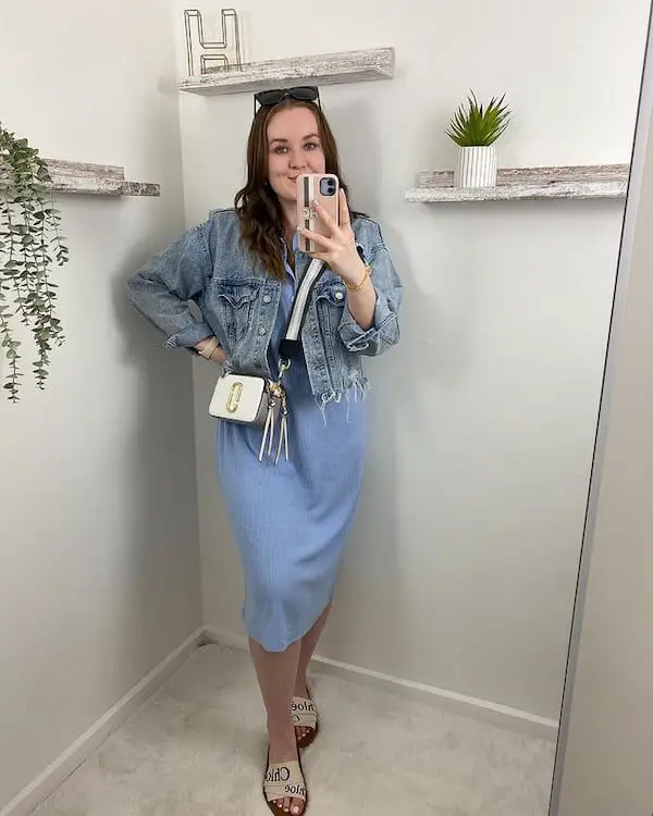 Sky Blue Midi Dress + Denim Jacket + Mini Cross Bag + Loafers