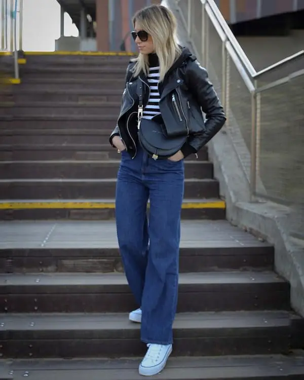 Stripped Top + Leather Jacket + Boyfriend Jacket + Sneakers + Handbag + Sunglasses