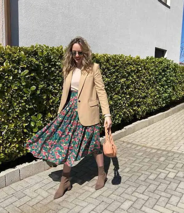 Tan Shirt + Floral Maxi Skirt + Blazer + Boots + Handbag