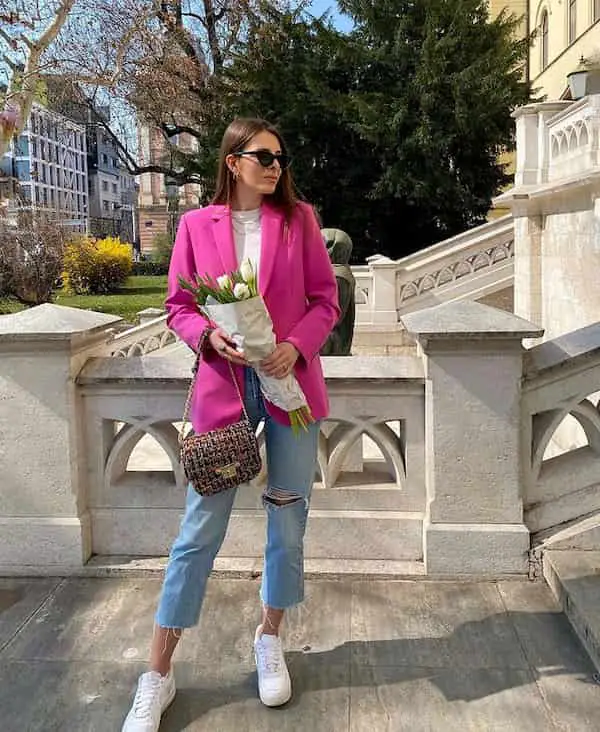 Tan Top + Deep Pink Blazer + Cropped Jeans + Sneakers + Handbag + Sunglasses