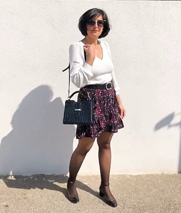 V-Necked Shirt + Floral Mini Skirt + Black Tummy Belt + Midi Handbag + Sunglasses