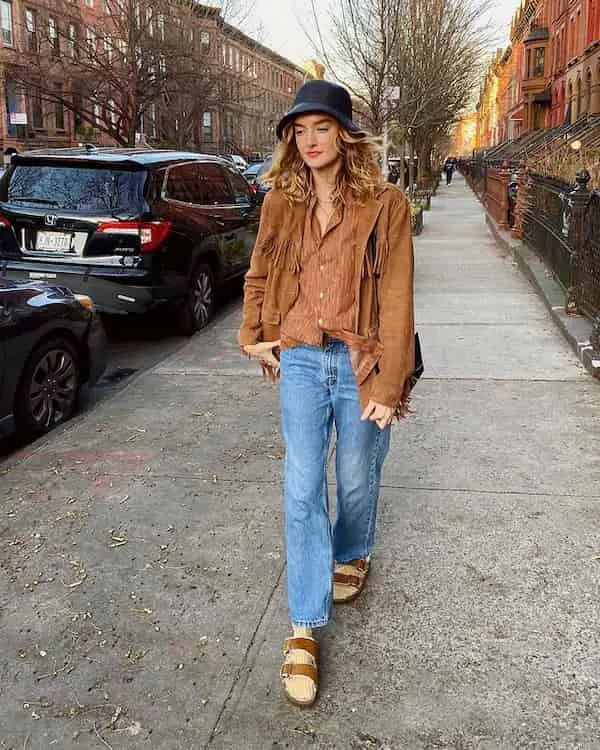 Vintage Button Front Shirt + Swead Jacket + Blue Jeans + Sandals + Bucket Hat + Handbag