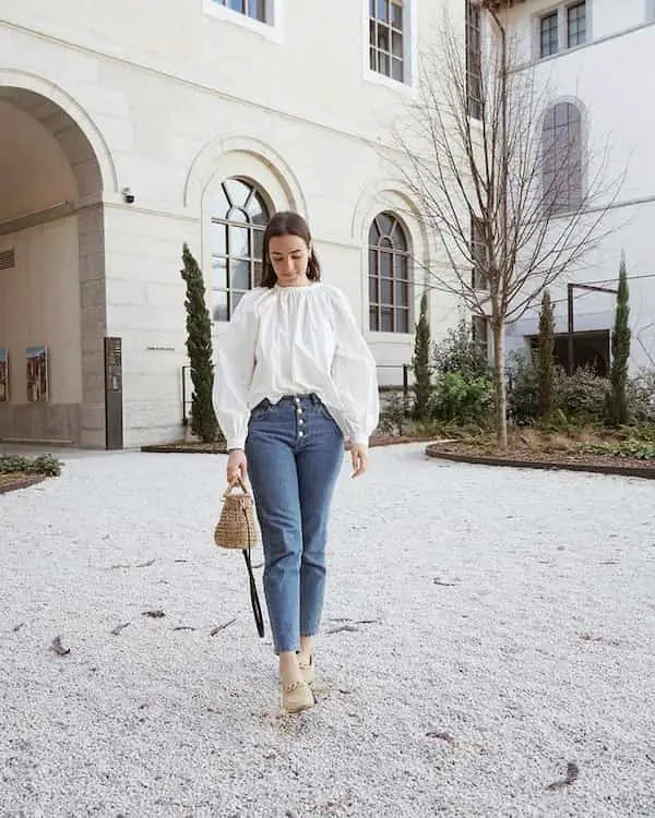 White Balloon Gown + High Waist Blue Jeans + Mule Shoe + Handbag