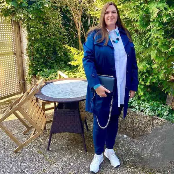 White Button Front Shirt + Blue Trench Coat + Blue Jean + Sneakers + Midi Handbag