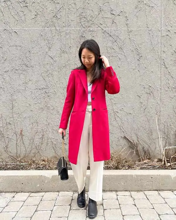 White Crop Top + Red Trench Coat + Free Pant + Sneakers + Handbag