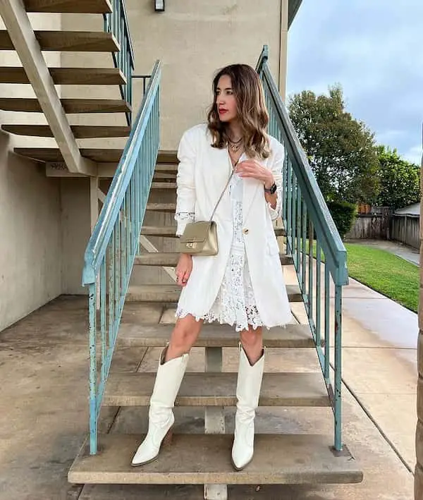 White Dress + Oversized Blazer + Cowboy Boots + Cross Bag