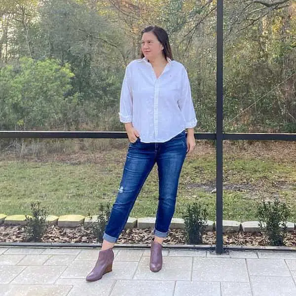 White Long Sleeve Button Down Shirt + Blue Jeans + Boots