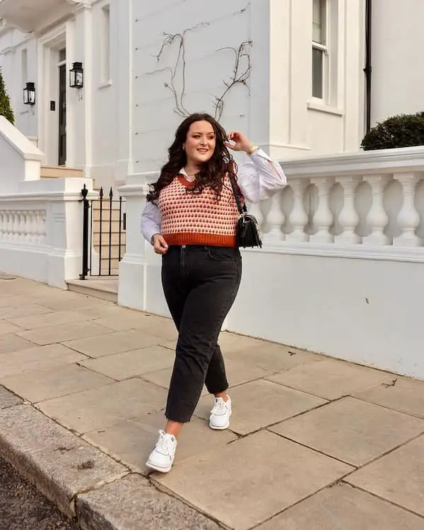 White Long Sleeve Shirt + High Waist Black Jeans + Sneakers + Handbag