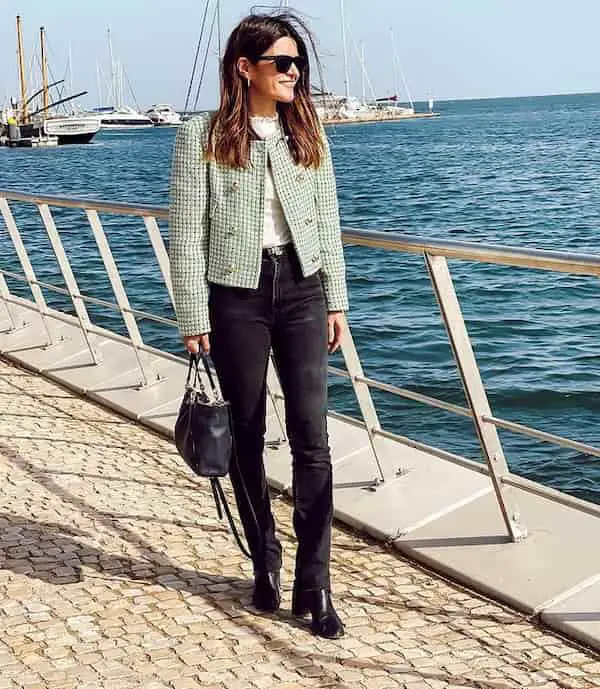 White Shirt + Green Tweed Jacket + High Waist Pant + Wedge + Handbag + Sunglasses