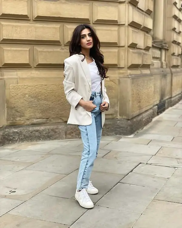 White Shirt + Tan Blazer + Distressed Jeans + Sneakers