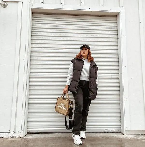 White Sweat Shirt + Ugg Pant + Leather Vest + Face Cap + Trainers + Handbag