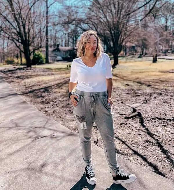 White Top + Ash Coloured Joggers + Sneakers