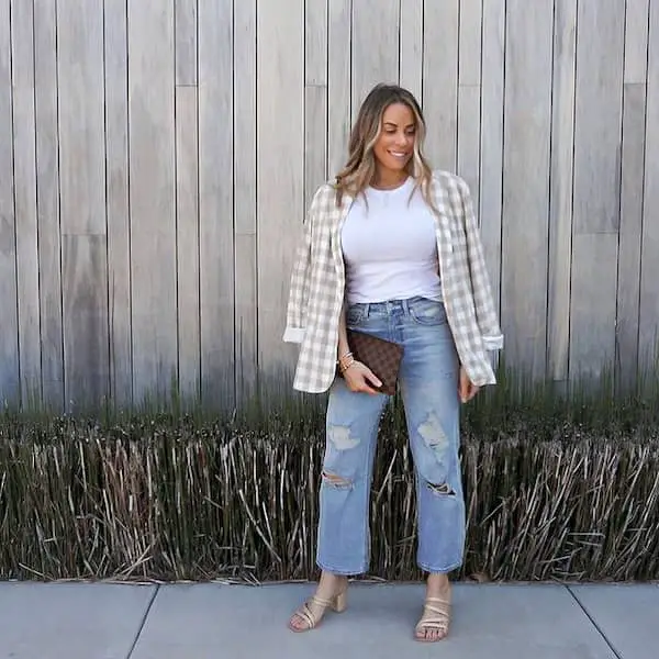 White Top + Flannel + Straight Leg Jeans + Wedge Shoe + Clutch