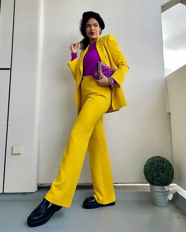 Yellow Suit + Purple Long Sleeve Shirt + Loafer + Beret + Cluch