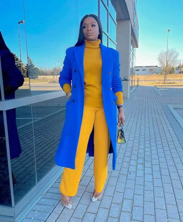 Yellow Sweat Shirt + Yellow Pant + Blue Trench Coat + Mule Heel + Handbag