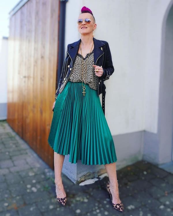 Animal Skin Top + Maxi Pleated Skirt+ Blazers + Heels + Sunglasses