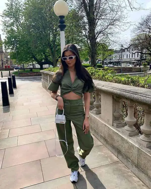 Army Green Crop Top with Matching Color Pants +  Sneakers + Mini Handbag + Sunglasses