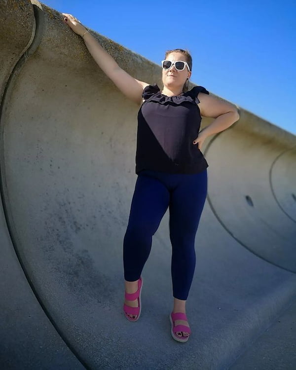 Black Blouse with Deep Blue Leggings + Slippers + Sunglasses