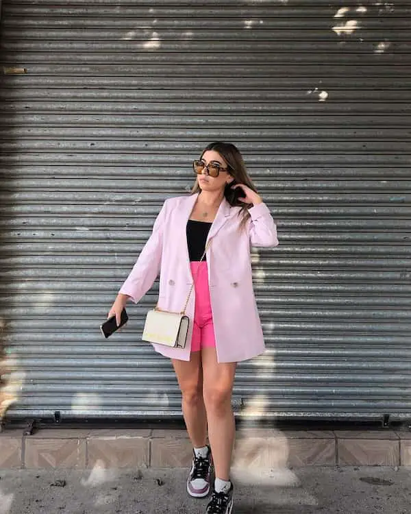 Black Cami with High Waist Pink Shorts + Oversize Blazer + Sneakers + Midi Handbag + Sunglasses