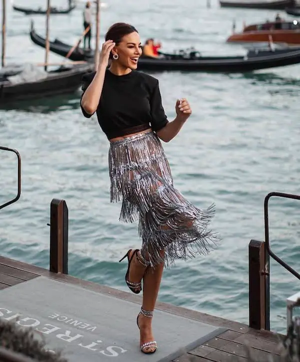 Black Crop Top with Silver Fur Skirt + Heels