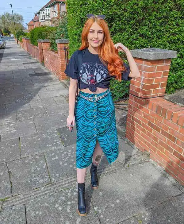 Black Graphic T-Shirt with Floral Striped Skirt + Boots