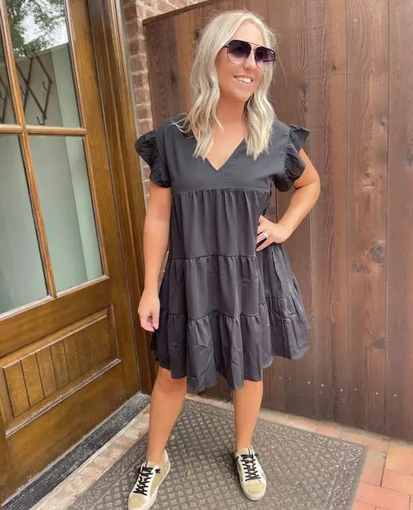 Black Loose Dress with Sneakers + Sunglasses