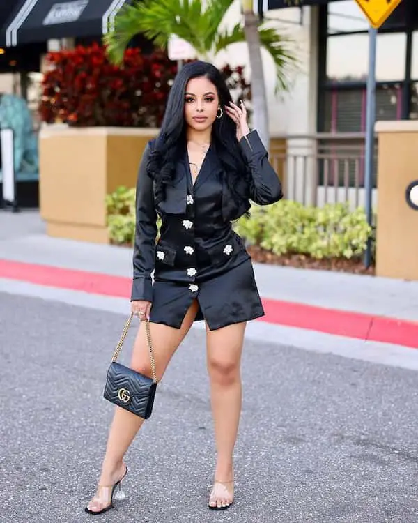 Black Mini Dress with Heels + Midi Handbag