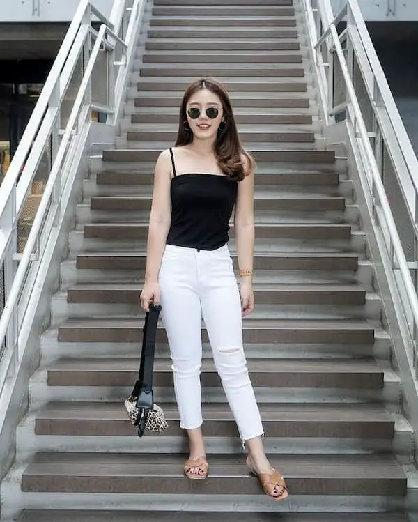 Black Spaghetti Hands Top with White Jean Pants + Slippers + Mini Handbag + Sunglasses