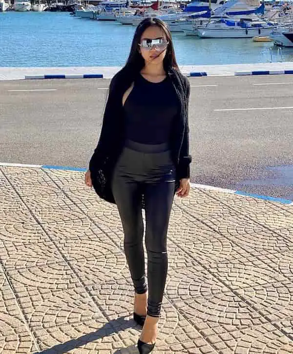 Black Tank Top with Black Jacket + Leather High Waist Pants + Heels + Sunglasses