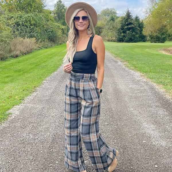 Black Tank Top with High Waist Plaid Pants + Wedge Shoe + Hat + Sneakers + Sunglasses