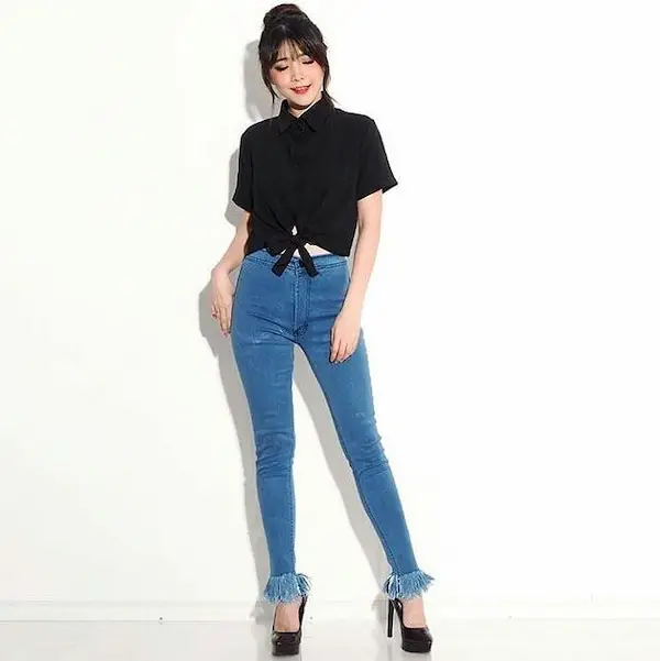 Black Tied Top with High Waist Jeans + Heels