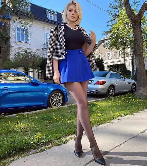 Black Top with Blazer + Blue Mini Skirt + Heels